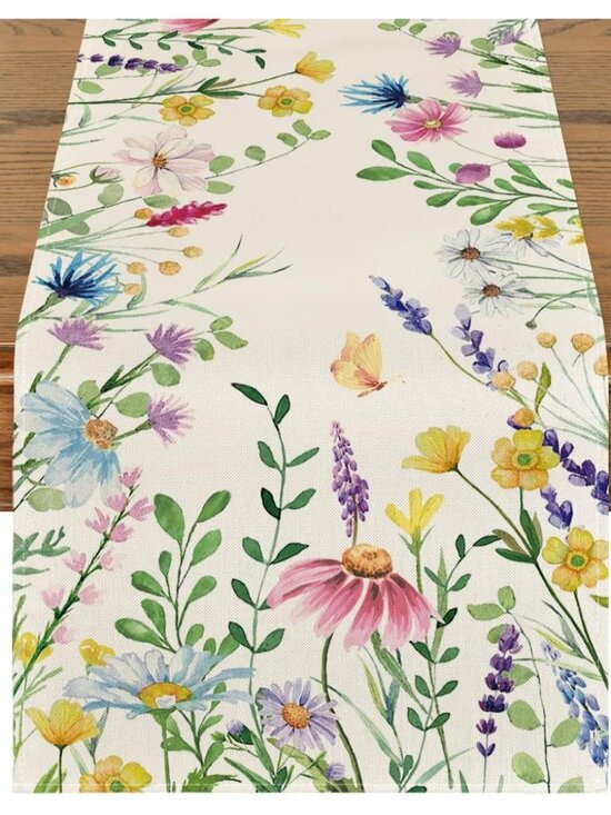Other - Daisy Eucalyptus Lavender Floral Leaves Summer Table Runner, Spring Kitchen Dini